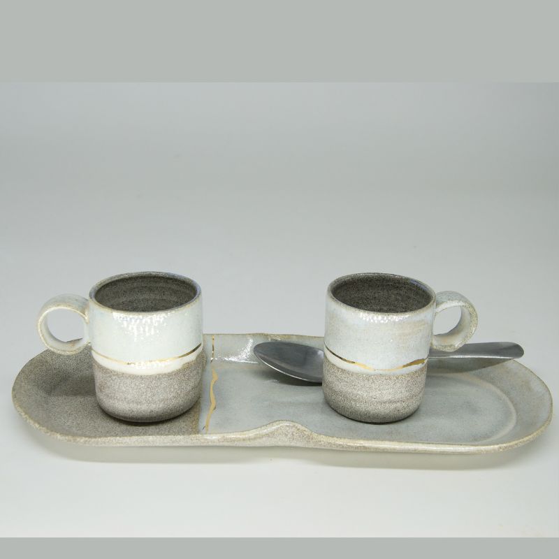 Tasses expresso Blanc et or avec son plateau